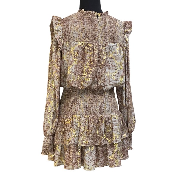 Endless Rose Metallic Animal Print Mini Dress Sz S Gold Ruffles Tier Long Sleeve - Picture 11 of 15